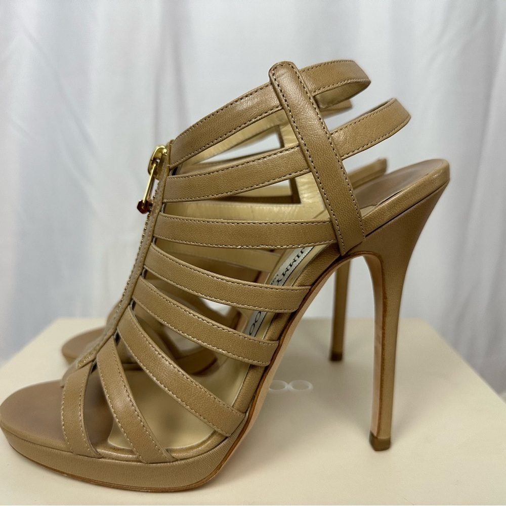 Jimmy Choo Glenys Nude Leather Cage Sandals 7.5